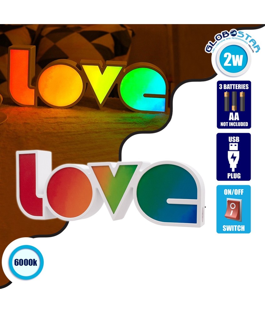 GLOBOSTAR® LOVE BOMBING 76551 Μοντέρνο Επιτραπέζιο Φωτιστικό Πορτατίφ LED 2W 120lm 180° DC 4.5V με Μπαταρίες 3xAAA IP20 Ψυχρό Λευκό 6000K - Πολύχρωμο - Μ36 x Π13.5 x Υ4.8cm - 2 Χρόνια Εγγύηση